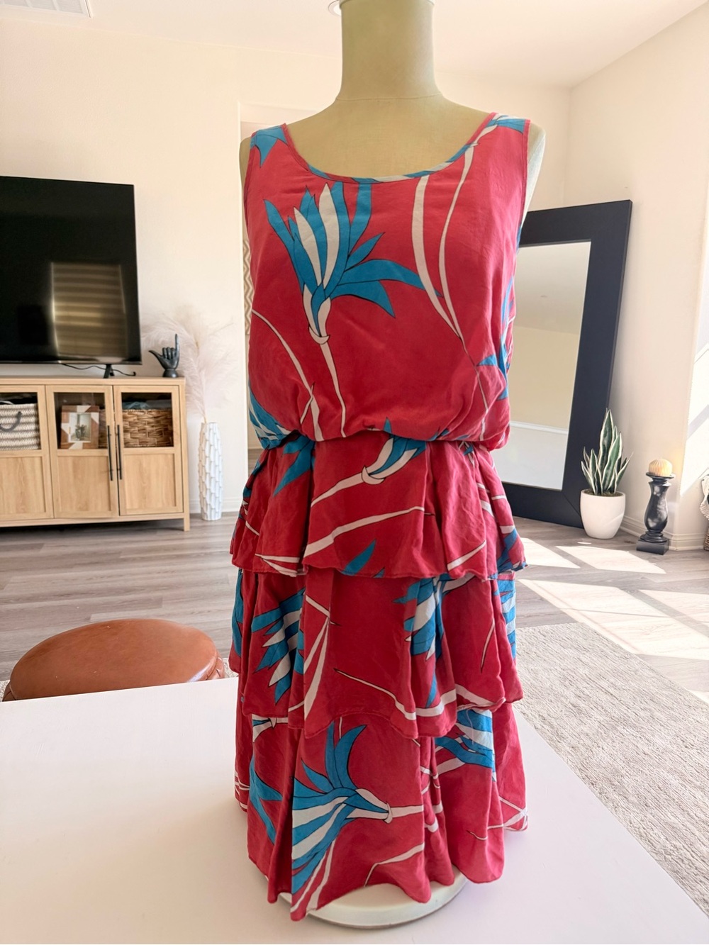 Anthropologie Sariah Ribbon Grass tiered tropical floral silk dress